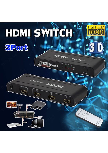 3 Giriş 1 Çıkışlı Metal Kasa-Adaptörlü-Kumandalı HDMI Seçici Switch