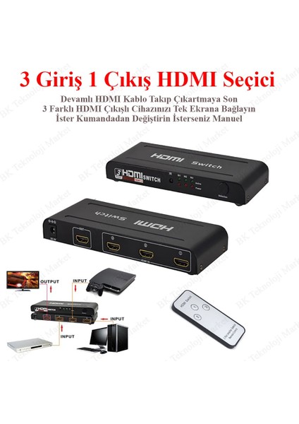 3 Giriş 1 Çıkışlı Metal Kasa-Adaptörlü-Kumandalı HDMI Seçici Switch