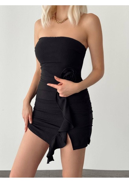 Kadın Straplez Gül ve Fırfır Detaylı Elbise