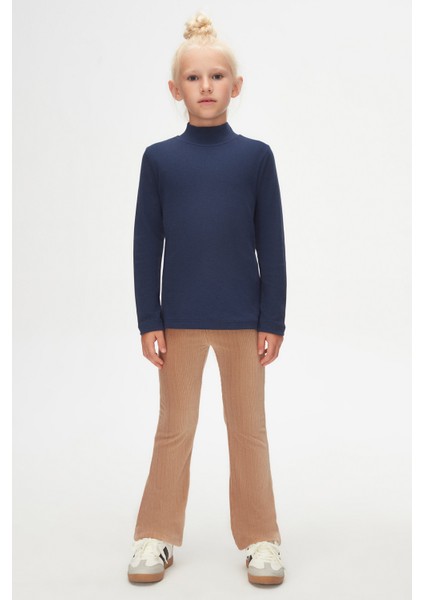 Açık Lacivert Basic Kışlık Yarım Balıkçı Yaka Uzun Kollu Kız Çocuk Tişört
