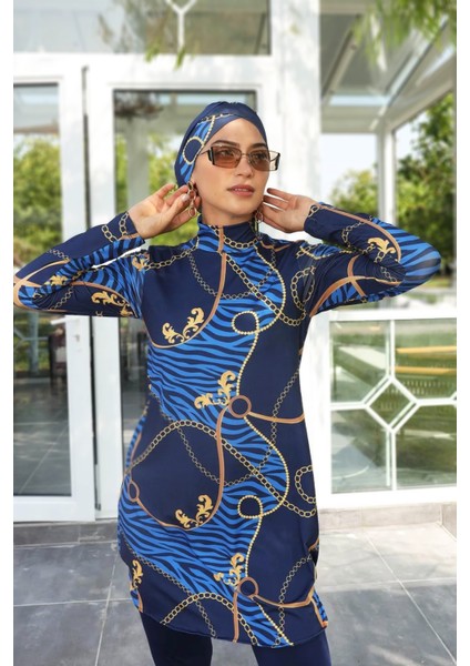 Likralı Tam Kapalı Tesettür Mayo Dokuma Kumaşla Şık Lacivert Desenli Kadın 268-514