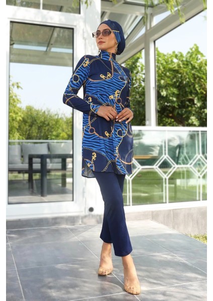 Likralı Tam Kapalı Tesettür Mayo Dokuma Kumaşla Şık Lacivert Desenli Kadın 268-514 fiyatları
