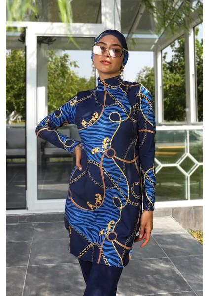 Likralı Tam Kapalı Tesettür Mayo Dokuma Kumaşla Şık Lacivert Desenli Kadın 268-514 indirimleri