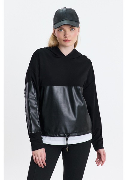 3012 Kapüşonlu Deri Detay Sweat Siyah fiyatları