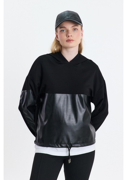 3012 Kapüşonlu Deri Detay Sweat Siyah modelleri