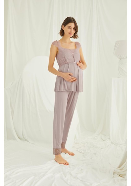 Vizon Dantelli, Düğmeli Hamile Pijama Takımı