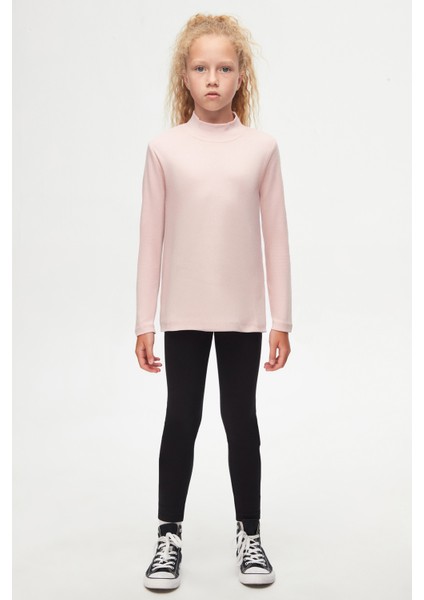 Pudra Pembe Basic Kışlık Yarım Balıkçı Yaka Uzun Kollu Kız Çocuk Tişört