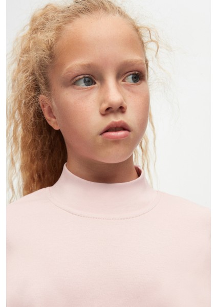 Pudra Pembe Basic Kışlık Yarım Balıkçı Yaka Uzun Kollu Kız Çocuk Tişört modelleri