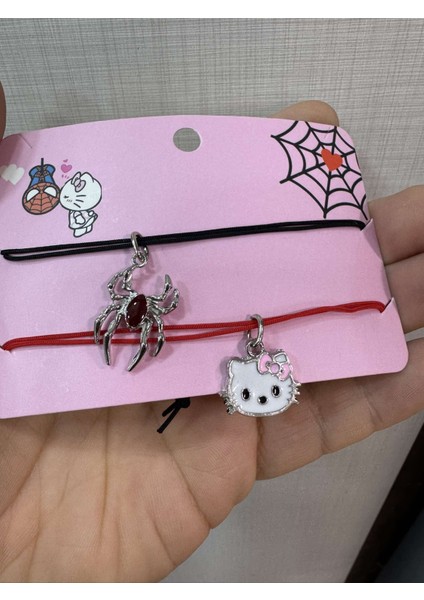 Hello Kitty Örümcek Adam Ikili Çift Renkli Tasarım 925 Ayar Gümüş Kaplama Bileklik