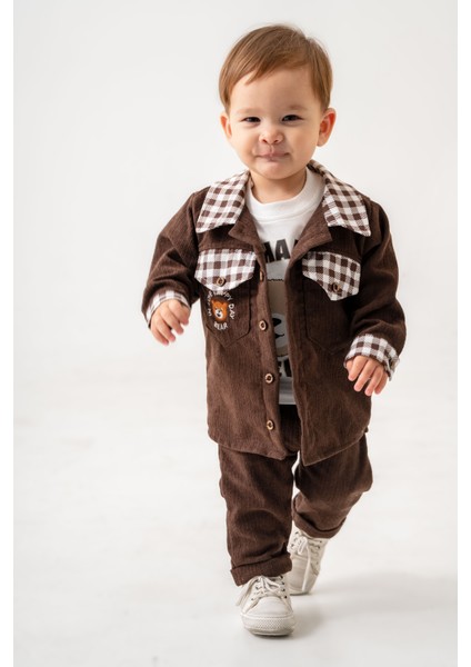 Erkek Bebek Ekose Şönil Ceket Üçlü Takım