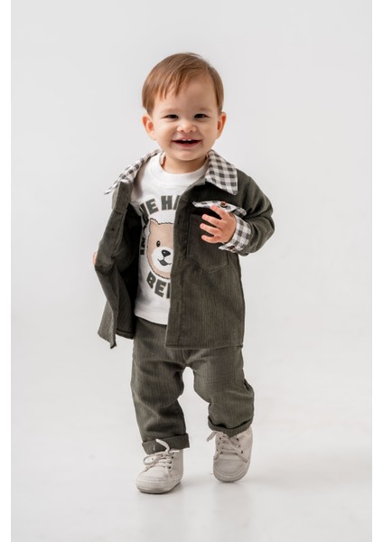 Erkek Bebek Ekose Şönil Ceket Üçlü Takım