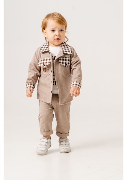 Erkek Bebek Ekose Şönil Ceket Üçlü Takım modelleri