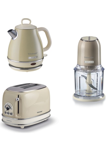 Vintage Bej 3'lü Bej Kahvaltı Seti (Su Isıtıcı Kettle + Doğrayıcı Rondo + Ekmek Kızartma Makinesi Özel Set KHSET08