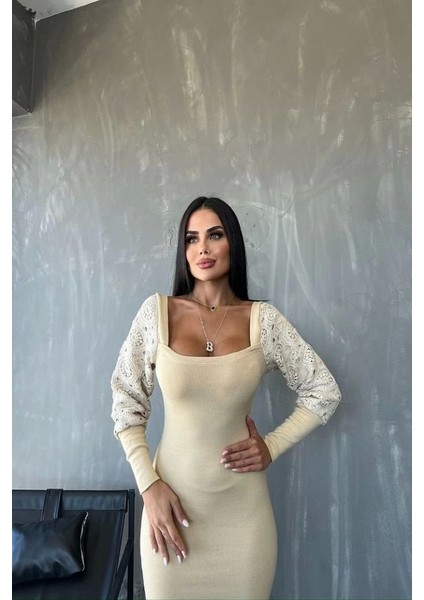 Kadın Kare Yaka Kolları Anşet ve Tül Detay Fırsat Ürün Idi Boy Elbise
