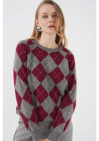 15918 Baklava Desen Triko Kazak - Gri