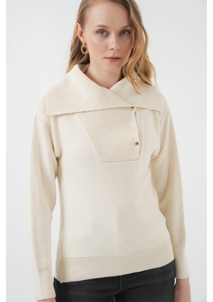 15921 Geniş Yaka Triko Kazak - Krem fırsatları