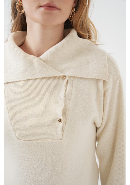 15921 Geniş Yaka Triko Kazak - Krem indirimleri