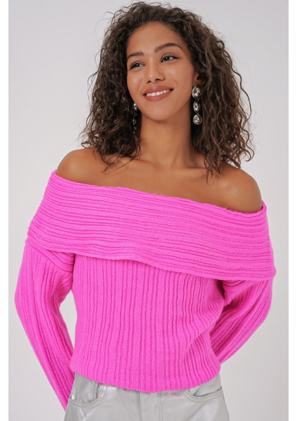 15908 Kadın Açık Omuz Oversize Triko Kazak - Pembe