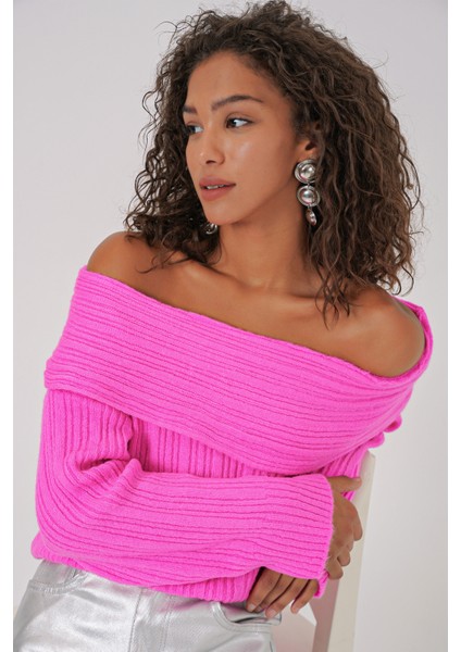 15908 Kadın Açık Omuz Oversize Triko Kazak - Pembe