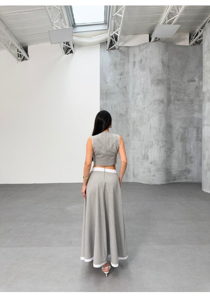 Kadın Çizgili Garnili Midi Boy Çan Etek Yelek Takım fiyatları