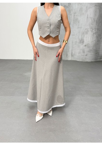 Kadın Çizgili Garnili Midi Boy Çan Etek Yelek Takım indirimleri