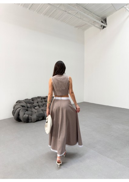 Kadın Çizgili Garnili Midi Boy Çan Etek Yelek Takım fiyatları