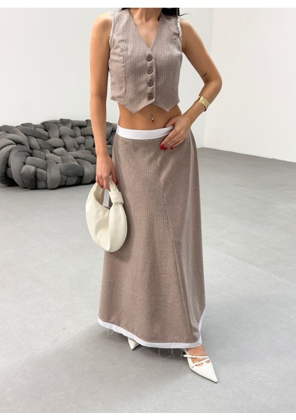 Kadın Çizgili Garnili Midi Boy Çan Etek Yelek Takım indirimleri