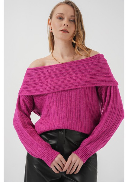 15908 Kadın Açık Omuz Oversize Triko Kazak - Koyu Pembe