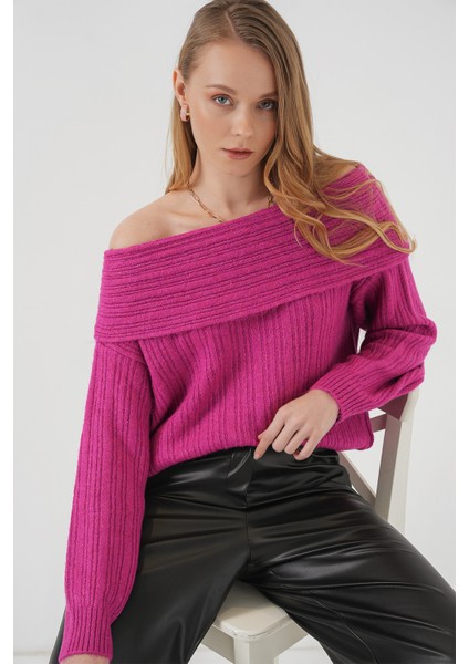 15908 Kadın Açık Omuz Oversize Triko Kazak - Koyu Pembe
