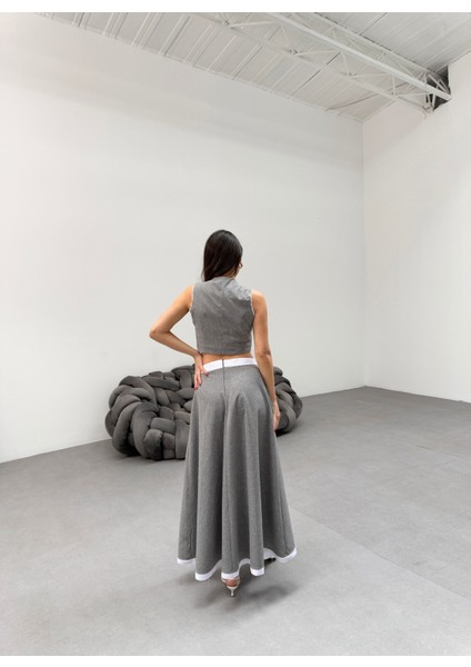 Kadın Çizgili Garnili Midi Boy Çan Etek Yelek Takım fiyatları