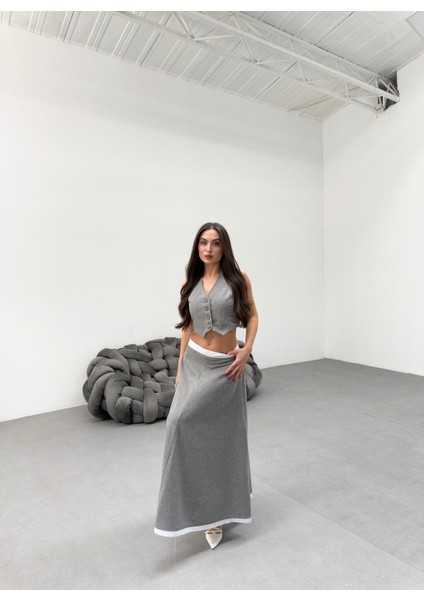 Kadın Çizgili Garnili Midi Boy Çan Etek Yelek Takım modelleri