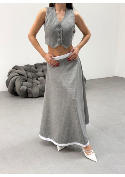 Kadın Çizgili Garnili Midi Boy Çan Etek Yelek Takım indirimleri