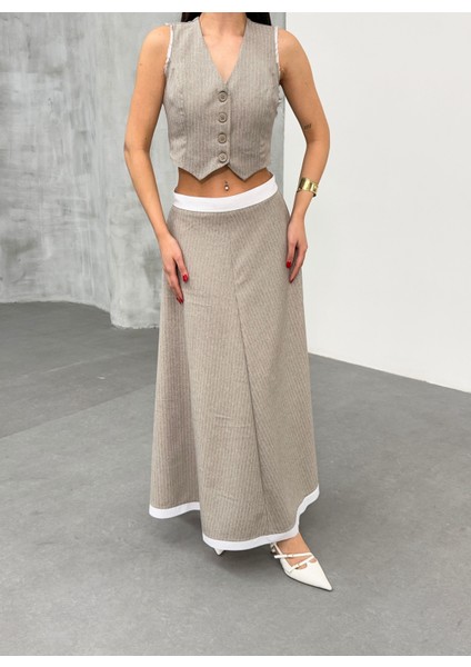 Kadın Çizgili Garnili Midi Boy Çan Etek Yelek Takım indirimleri