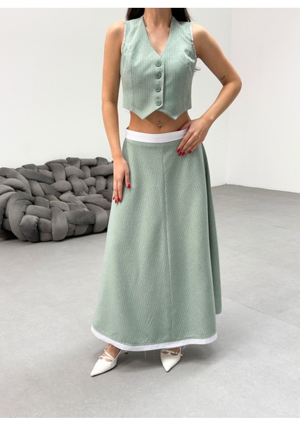 Kadın Çizgili Garnili Midi Boy Çan Etek Yelek Takım indirimleri