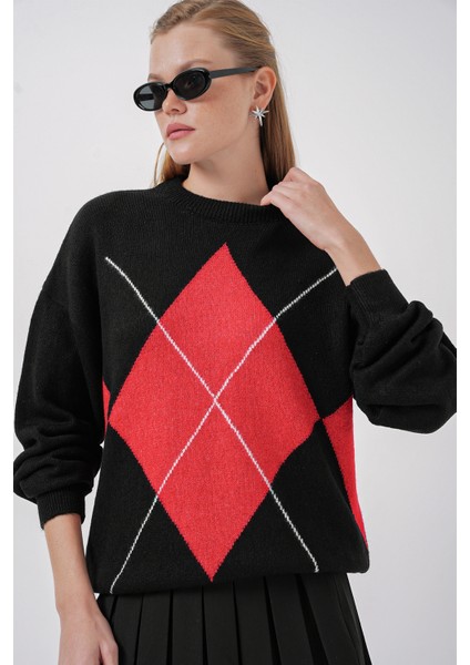 15895 Baklava Desenli Oversize Triko Kazak - Siyah