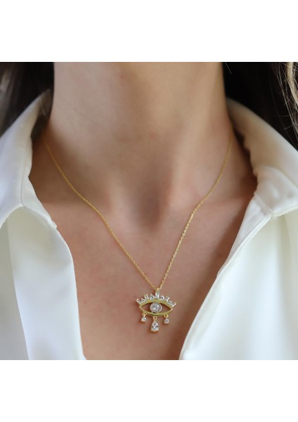 Göz Modeli Damla Taşlı Gold Gümüş Kolye