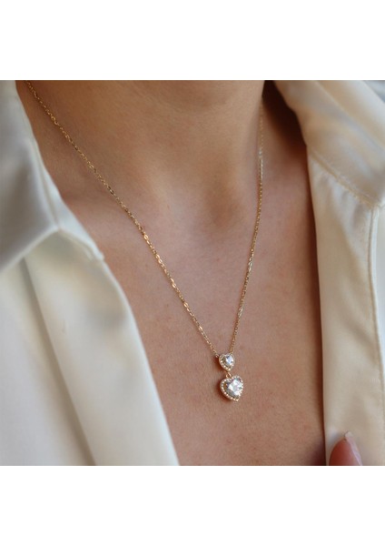 İkili Kalp Gold Gümüş Kolye