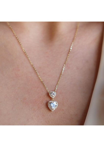 İkili Kalp Gold Gümüş Kolye modelleri