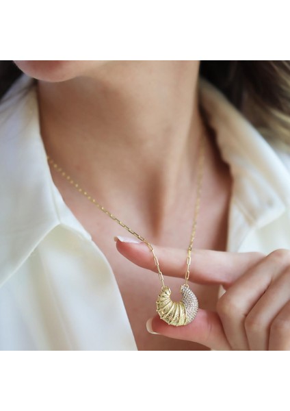 Kruvasan Gold Zirkon Taşlı Gümüş Kolye