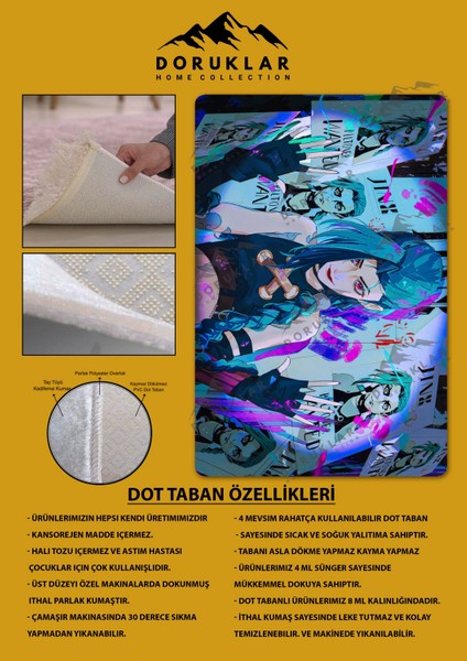Kaymaz Taban Makinada Yıkanabilir Dijital Baskı Arcane Jin x Desenli Çocuk Odası Halısı Dot Taban Halı ARC23