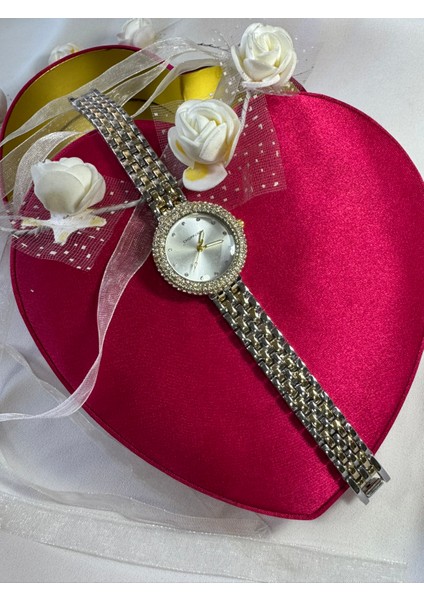 Kadın Kol Saati Çelik Kordon Gold Taşlı