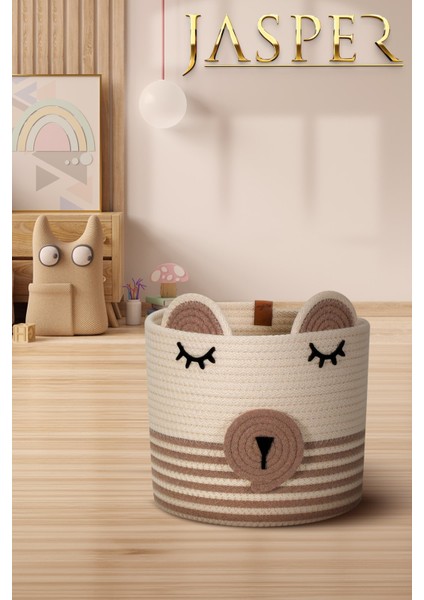 Bej Tekli Çizgili Jüt Ip Panda Tasarımlı Çok Amaçlı Çocuk Odası Oyuncak Kıyafet Kirli Sepeti Organizer
