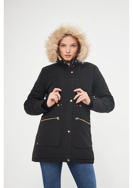 Kadın Siyah Kapüşonlu Kapüşondaki Kürkü Çıkartılabilen Kürk Astarlı Yağmur Rüzgar Geçirmez Kalın Kaban 5565-1 modelleri