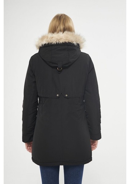 Kadın Siyah Kapüşonlu Kapüşondaki Kürkü Çıkartılabilen Kürk Astarlı Yağmur Rüzgar Geçirmez Kalın Kaban 5565-1 fırsatları