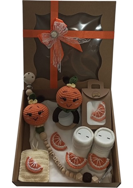 Hoşgeldin Bebek, Unisex, Yenidoğan Bebek, Portakal Motifli Amigurumi Hediye Seti