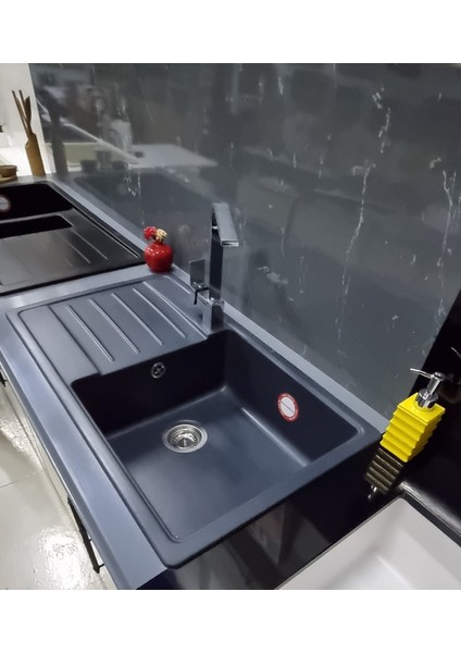 Granit Eviye Mega Geniş Hazne Antrasit 86x50 cm - Tek Göz Damlalıklı Mutfak Eviyesi