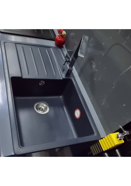 Granit Eviye Mega Geniş Hazne Antrasit 86x50 cm - Tek Göz Damlalıklı Mutfak Eviyesi