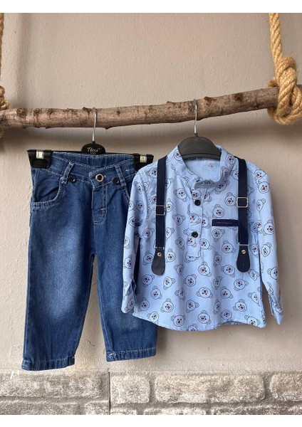 Erkek Bebek Kot Pantolonlu Gömlekli Ayılı Askılı Takım