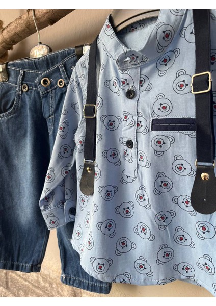 Erkek Bebek Kot Pantolonlu Gömlekli Ayılı Askılı Takım fiyatları