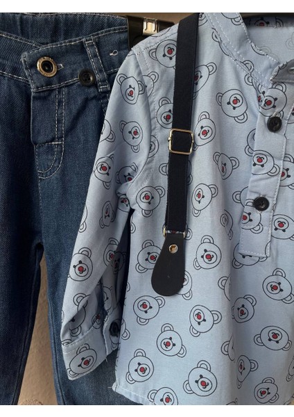 Erkek Bebek Kot Pantolonlu Gömlekli Ayılı Askılı Takım modelleri